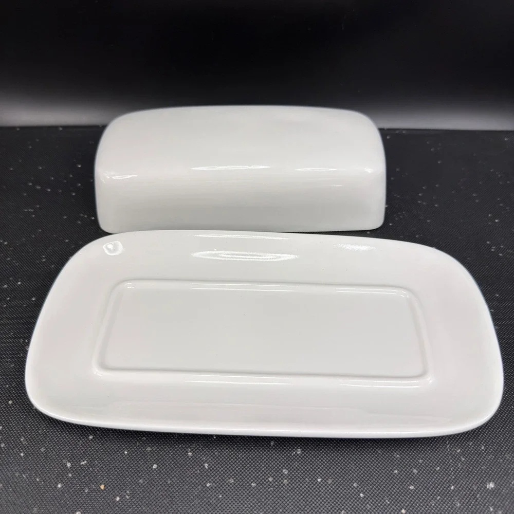 HB White Ceramic Butter Dish with Lid Microwave and Dishwasher Safe 8x4 Inch